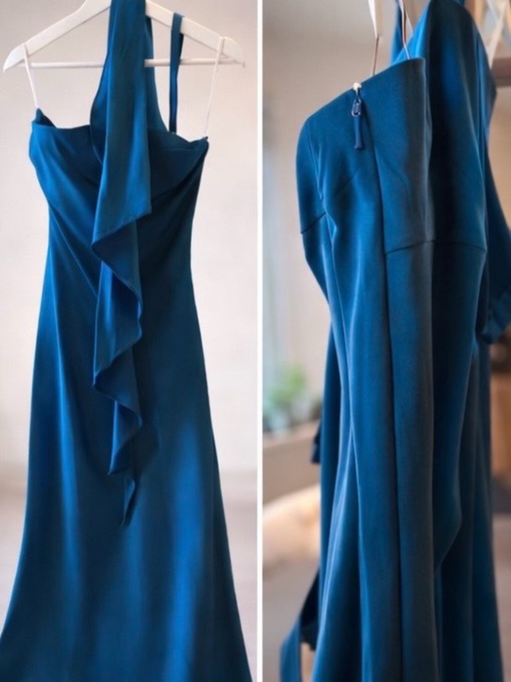 Elegant satin Teal One-Shoulder Ruffle Evening Dress